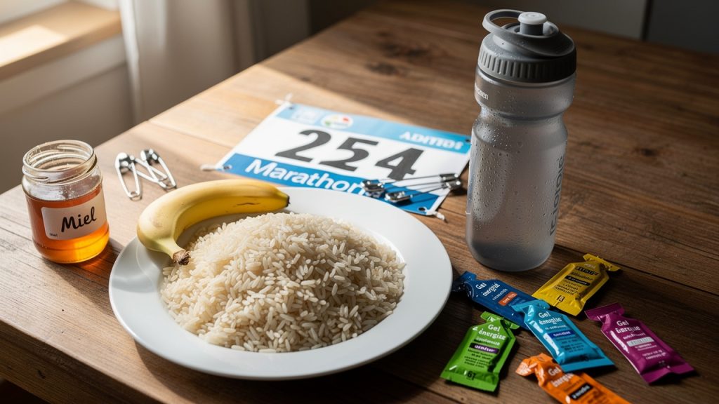 Alimentation avant un marathon : assiette de riz, banane, miel, gels énergétiques et dossard sur une table