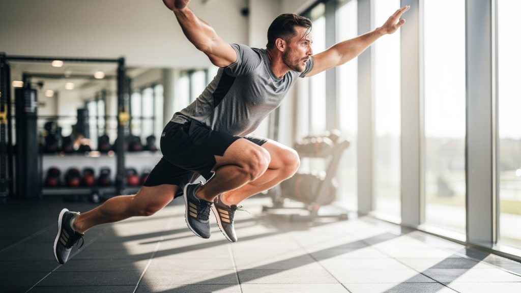 Homme réalisant le saut explosif d'un burpee dans une salle de sport lumineuse