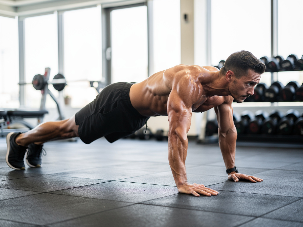 Position de planche gainée pendant un burpee, corps aligné de la tête aux talons, mains sous les épaules