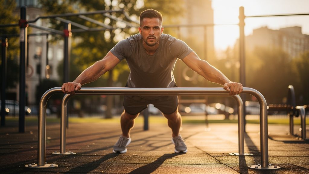 Athlète en appui tendu sur les barres parallèles d'un parc de street workout au coucher du soleil