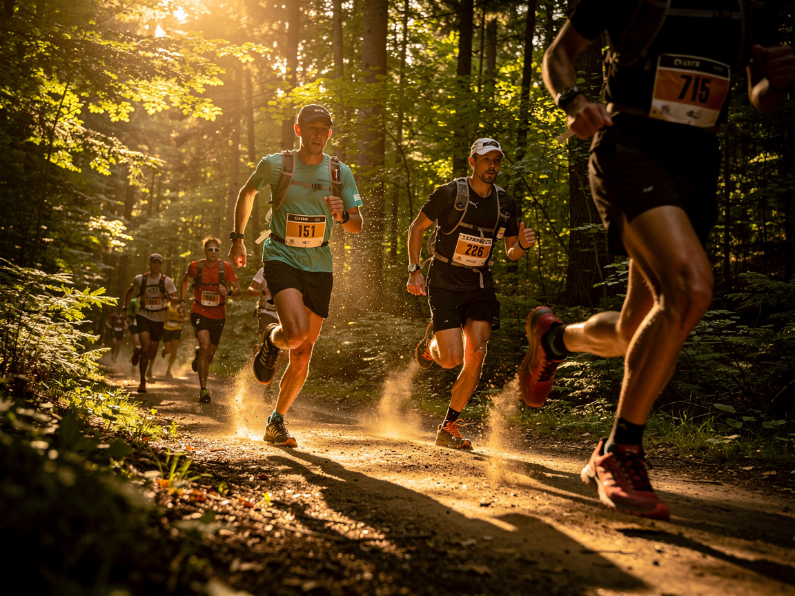 Coureurs de trail avec dossards en forêt au lever du soleil