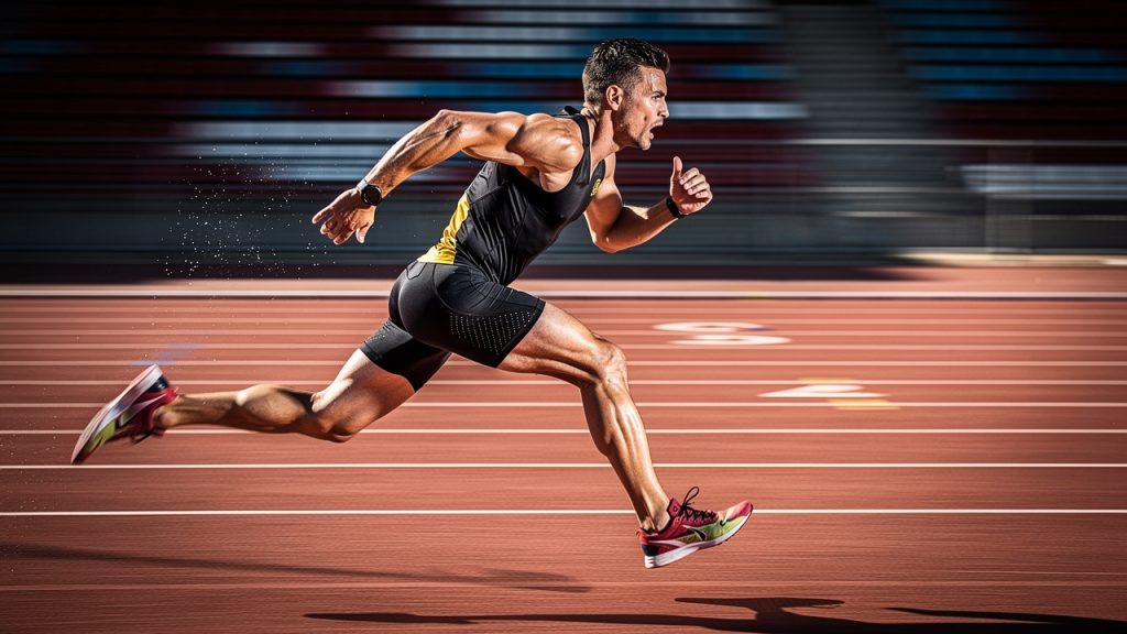 Coureur en plein sprint intense sur une piste d'athletisme, effort anaerobie