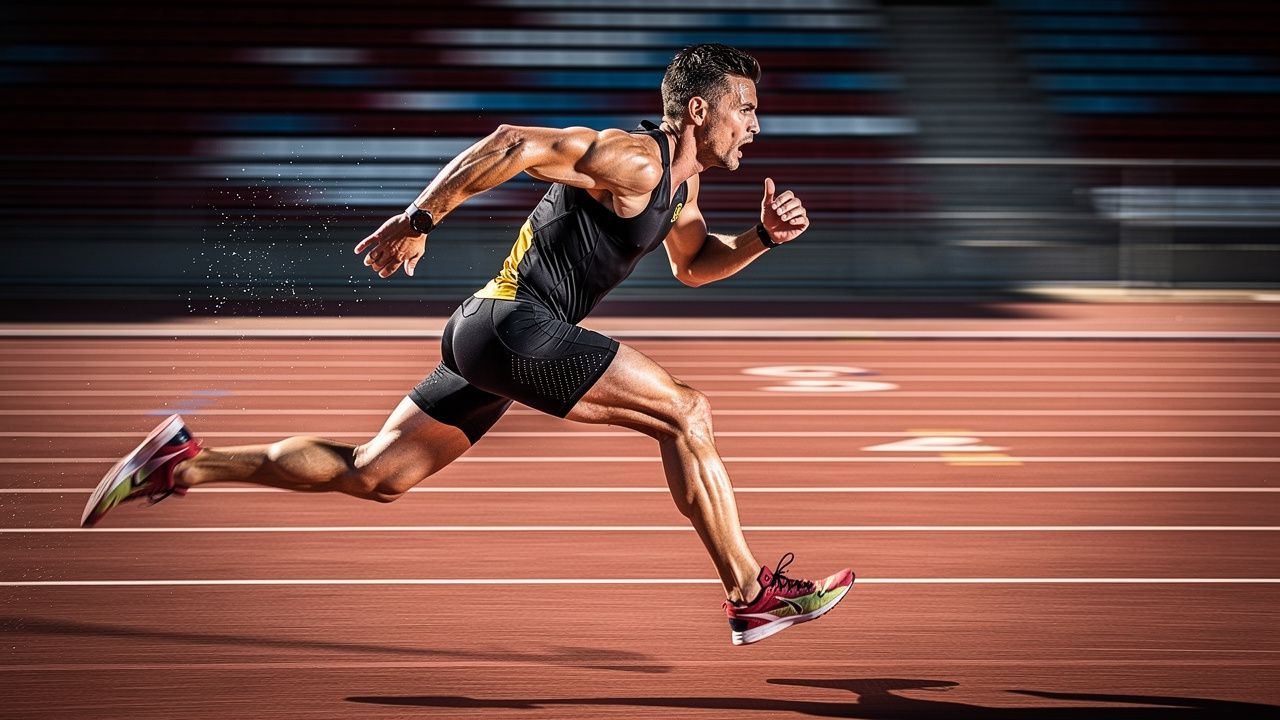 Coureur en plein sprint intense sur une piste d'athlétisme, effort anaérobie