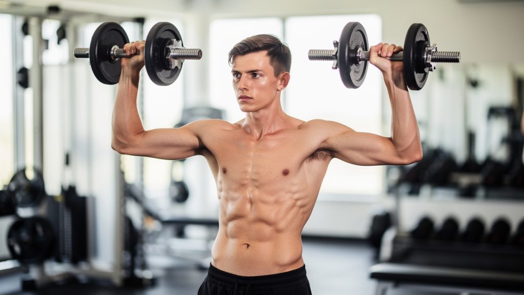 Jeune homme ectomorphe à la silhouette fine réalisant un développé épaules avec haltères en salle de musculation