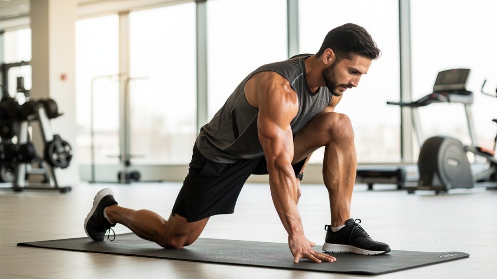 Sportif en fente basse sur un tapis pour un étirement du psoas en salle lumineuse