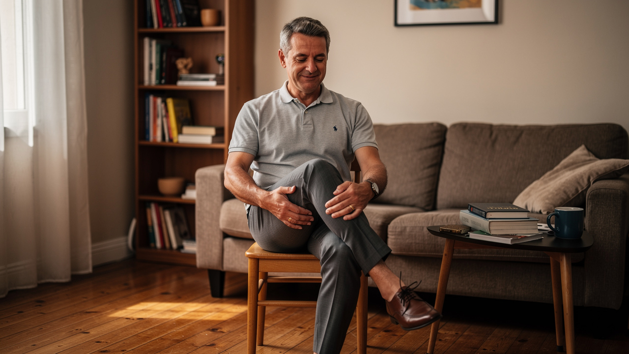 Homme de 40 ans assis sur une chaise qui lève un genou vers la poitrine, exercice doux pour perdre du ventre