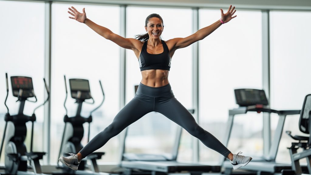 Sportive en plein jumping jack, corps en étoile avec jambes écartées et bras levés en salle de sport