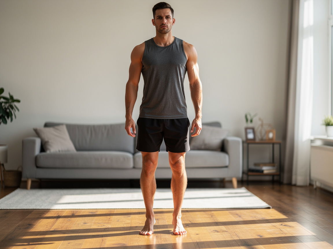 Position de départ du jumping jack : debout, pieds joints, bras le long du corps, posture bien droite