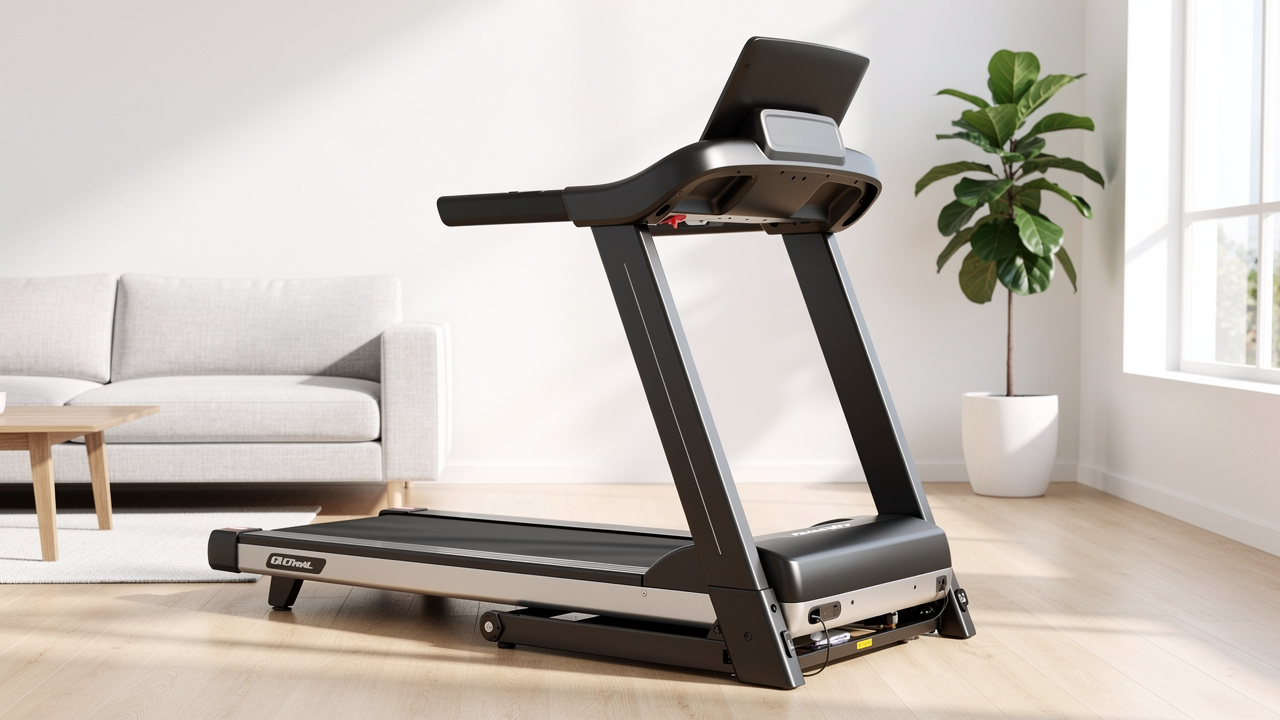 Tapis de course moderne installé dans un salon lumineux, bande et console visibles