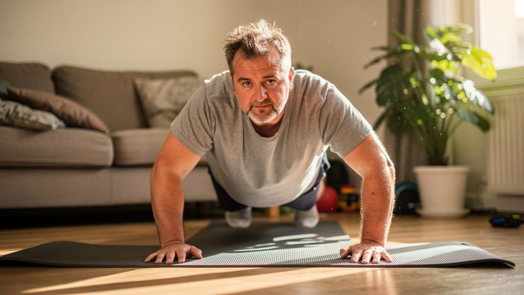 Homme de 40 ans en tenue de sport faisant du gainage sur un tapis dans son salon pour perdre du ventre