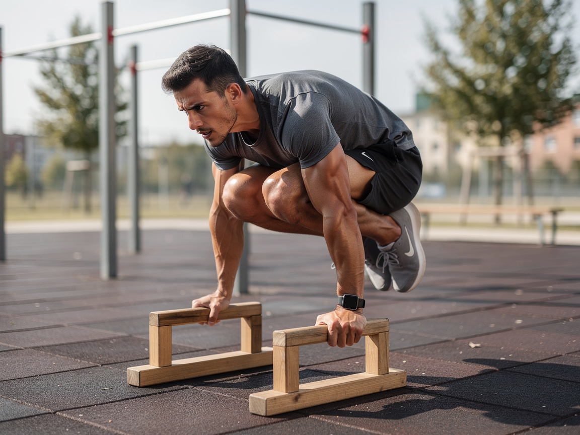 Progression tuck planche sur parallettes en bois, genoux groupés et bras tendus