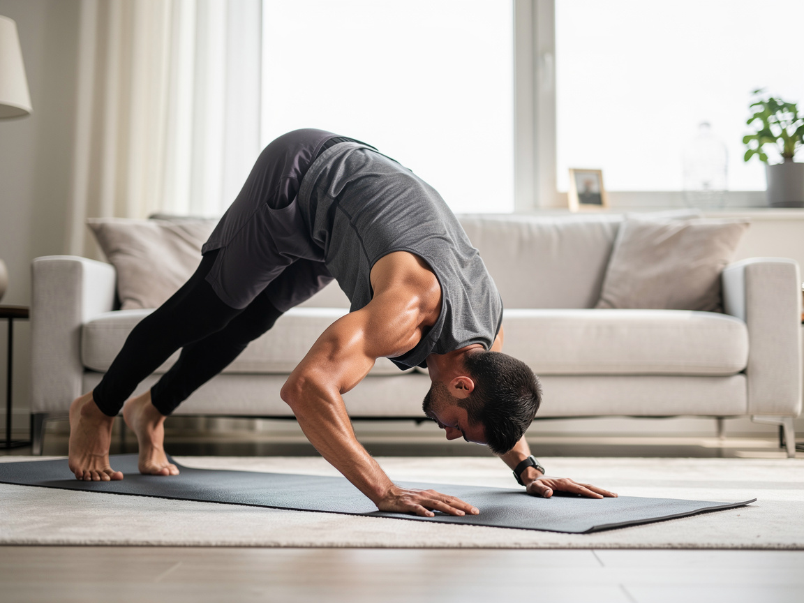 Pompes piquées en position de V inversé sur tapis, hanches hautes et tête entre les mains pour cibler les épaules