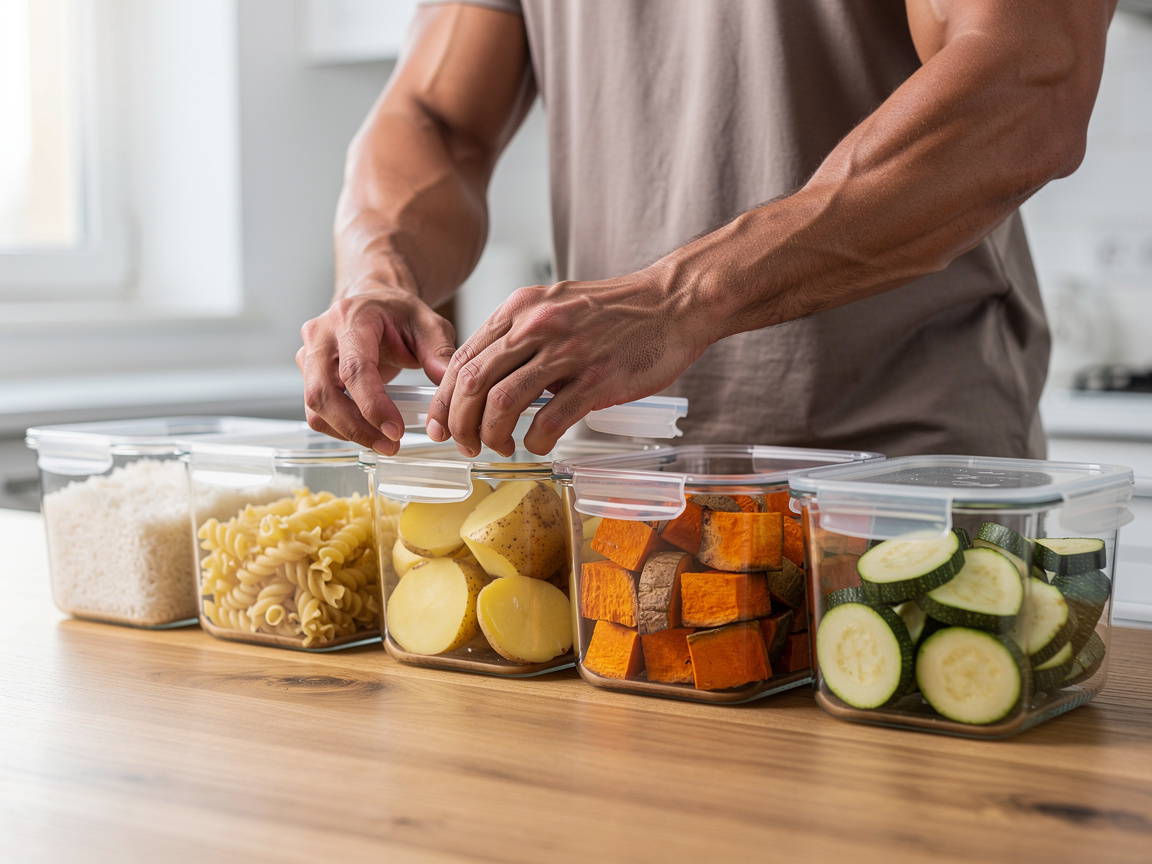 Coureur préparant ses boîtes de féculents pour la recharge glucidique avant marathon : riz, pâtes, pommes de terre et courgettes