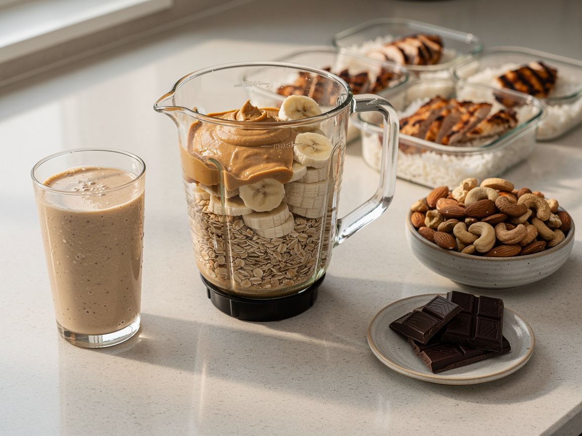 Gainer maison pour ectomorphe : blender avec avoine, banane et beurre de cacahuète, oléagineux et chocolat noir