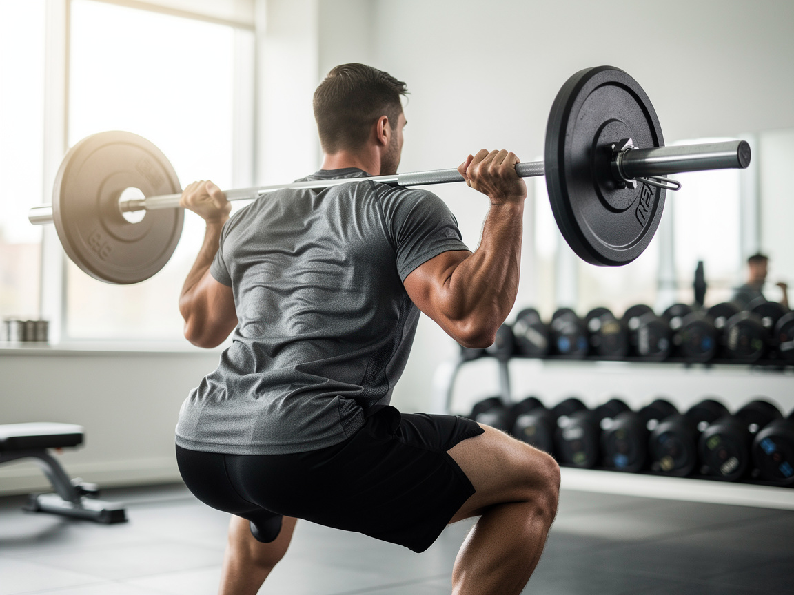 Sportif exécutant un squat avec barre en salle de musculation lumineuse
