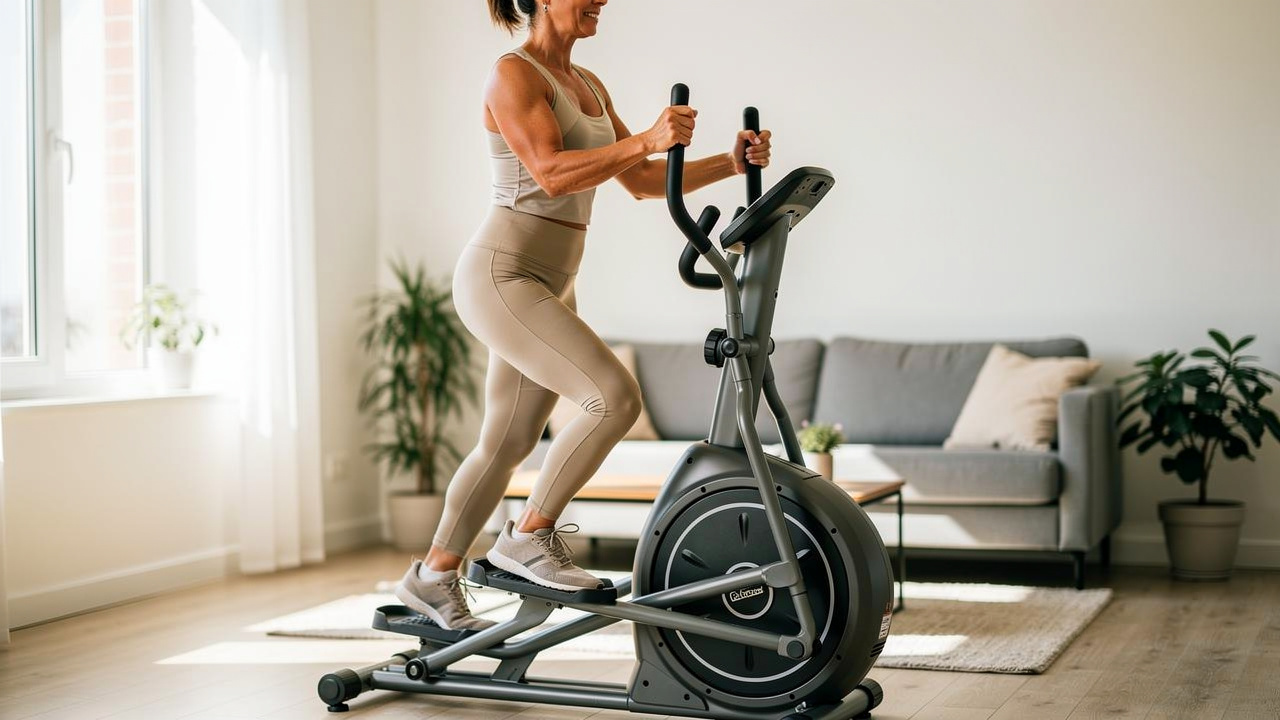Femme en tenue de sport en pleine séance sur un vélo elliptique à roue arrière dans un salon lumineux