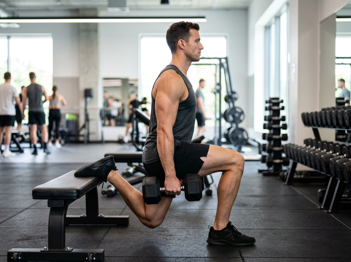 Squat bulgare avec haltères en prise neutre, bras tendus le long du corps et genou arrière proche du sol