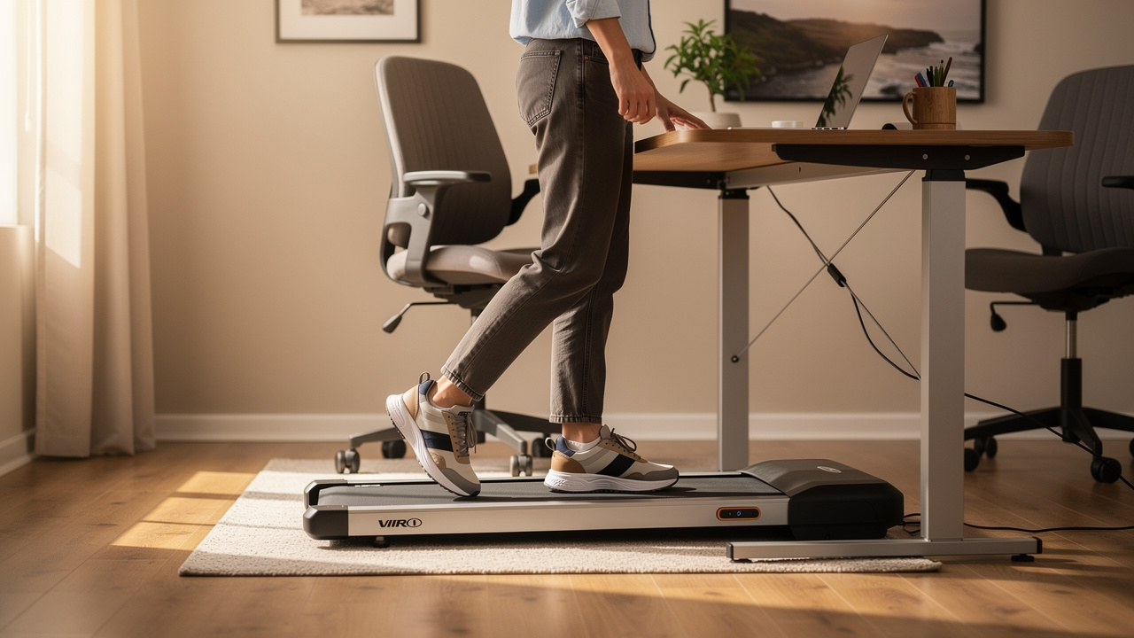 Personne marchant sur un walking pad glissé sous un bureau assis-debout en télétravail