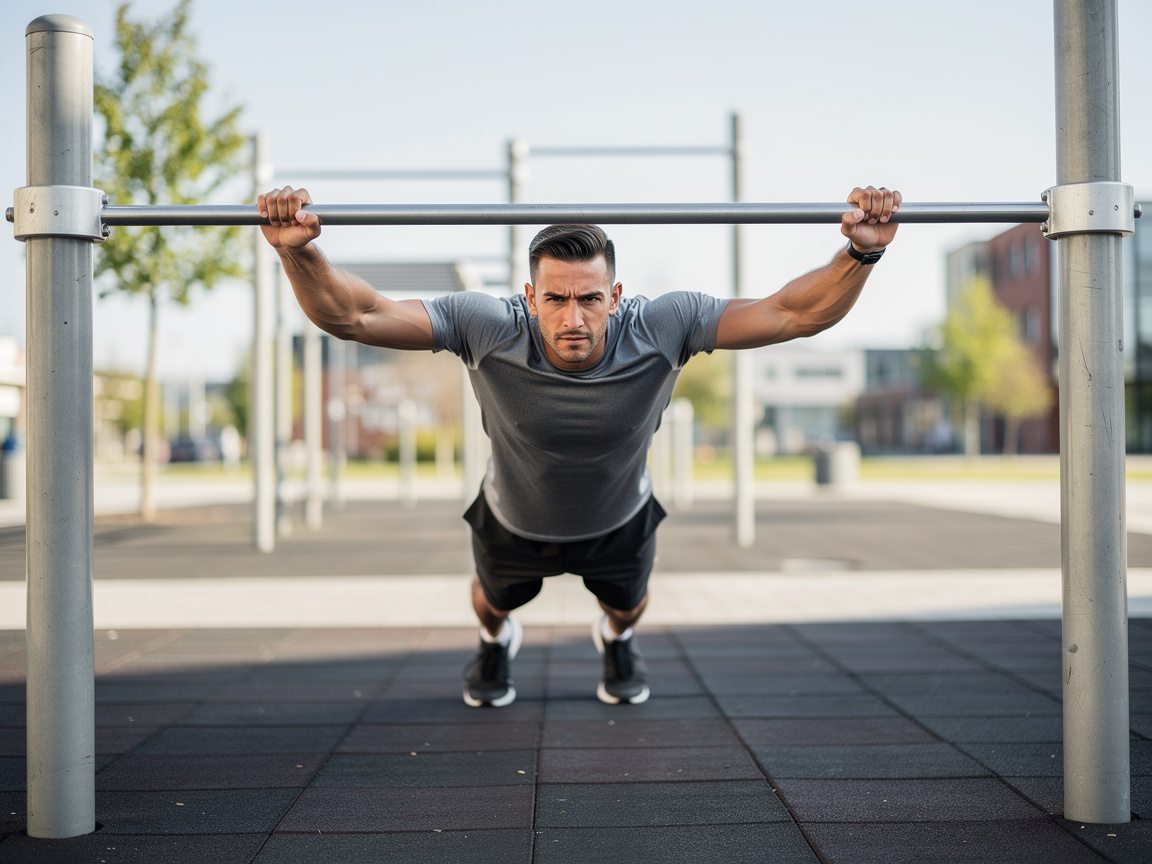 Traction australienne sous une barre basse dans un parc de street workout, corps gainé et incliné