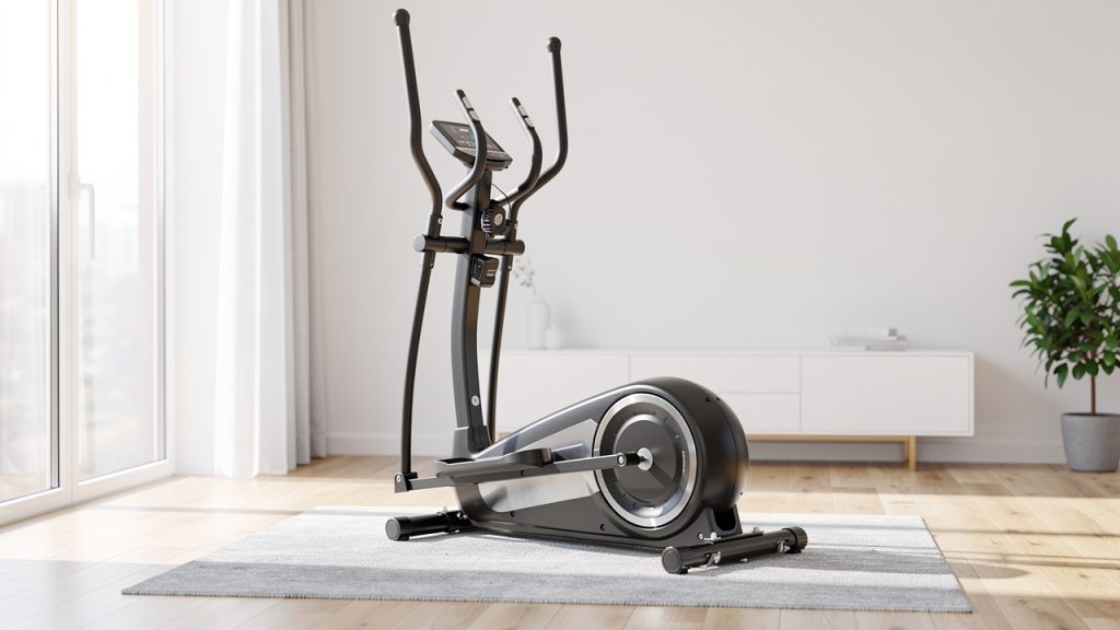 Vélo elliptique moderne installé dans un salon lumineux, machine de cardio pour s'entraîner à la maison